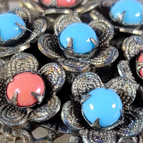 Similar Items to A lovely vintage Asian silver filigree  Vintage Estate Round Brooch Pin Silver Gilt Filigree Coral Turquoise Victorian